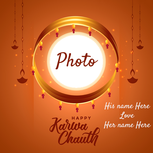 Happy Karwa Chauth Moon Card with Couple’s Name and Photo Editing