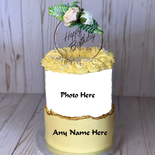 Beautifully Designed Golden Happy Birthday Cake with Name and Photo