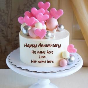 Pink Hearts Anniversary Chocolate Cake with Couple's Name