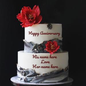 Anniversary Cake with Tiered Red Flowers and Couple's Name