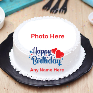 White Hearts Birthday Cake with Name and Photo Customization