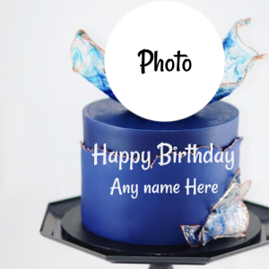 Royal Blue Happy Birthday Cake with Name and Photo Customization