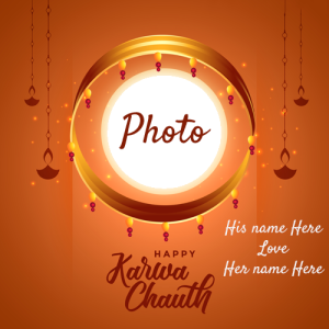 Happy Karwa Chauth Moon Card with Couple’s Name and Photo Editing
