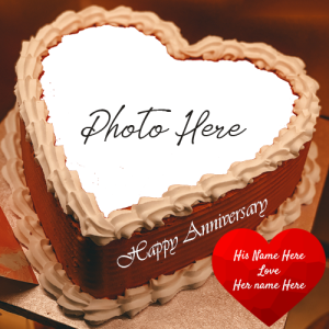 Happy Anniversary Heart-Shaped Cake with Couple’s Name and Photo Custom Edit