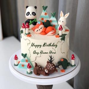 Animal Theme Birthday Cake with Name and Picture Free Editing