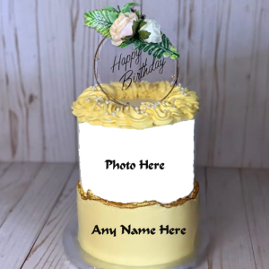 Beautifully Designed Golden Happy Birthday Cake with Name and Photo