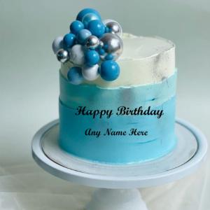 Beautiful Light Sky Blue Birthday Cake with Name Custom Edit