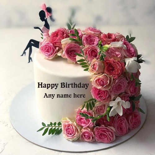 Pink Rose Flower and Doll Cake with Name Editing Option