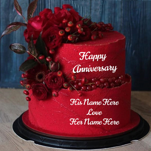 Red Cherry and Rose Anniversary Cake with Name Editable