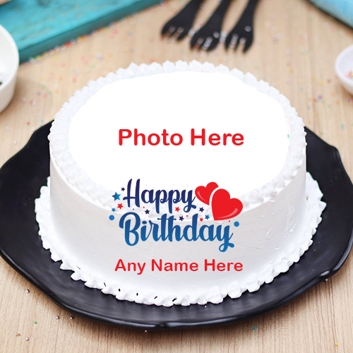 White Hearts Birthday Cake with Name and Photo Customization