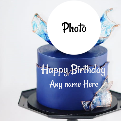 Royal Blue Happy Birthday Cake with Name and Photo Customization