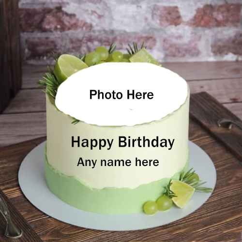 Green Birthday Cake with Name and Photo Customization