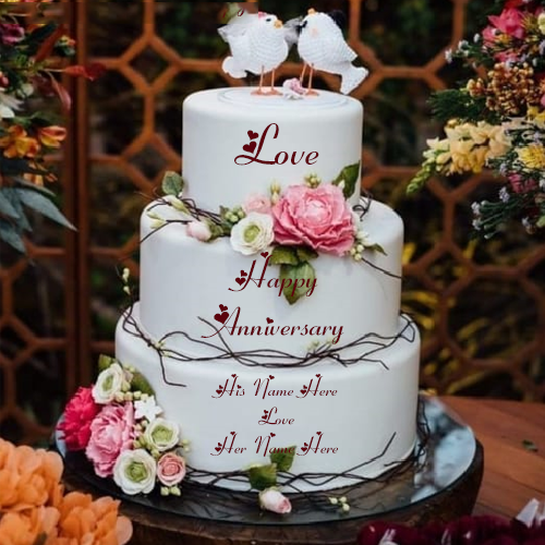 Love Birds Happy Anniversary Couple Name Cake Editing