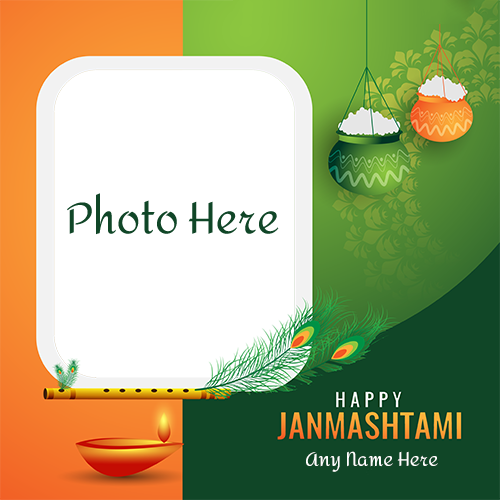 Happy Janmashtami Indian Flag 3-Color Card with Name and Photo Customization