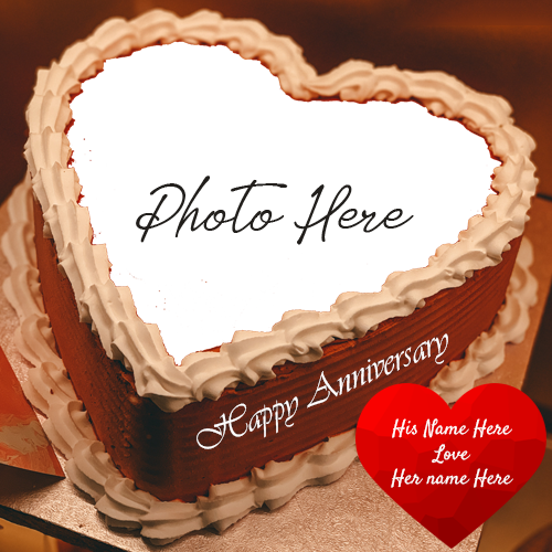 Happy Anniversary Heart-Shaped Cake with Couple’s Name and Photo Custom Edit