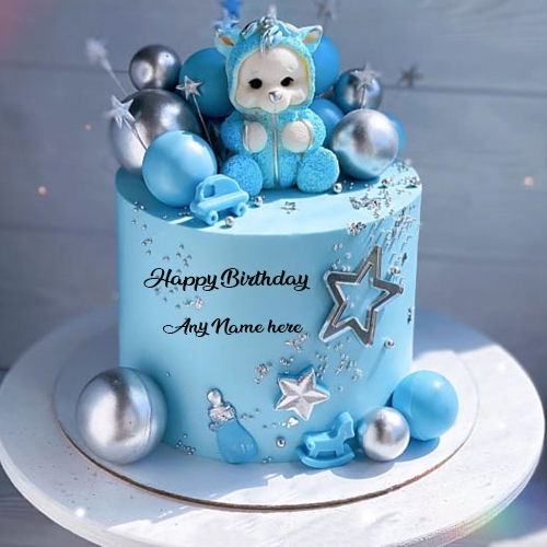 Happy Birthday Sky Blue Cake with Name Custom Editor