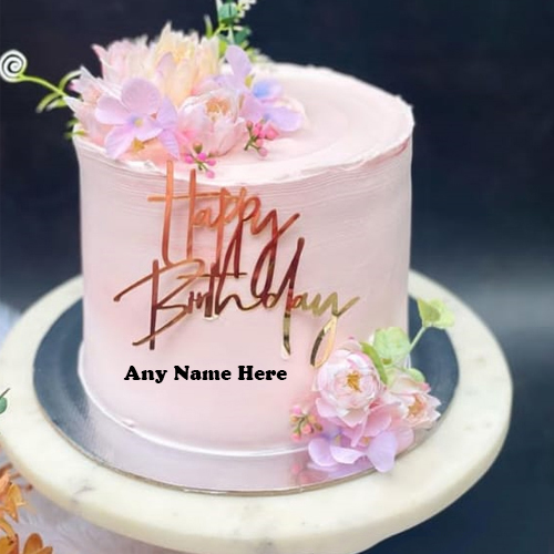 Rose-Decorated Happy Birthday Cake With Name Editor