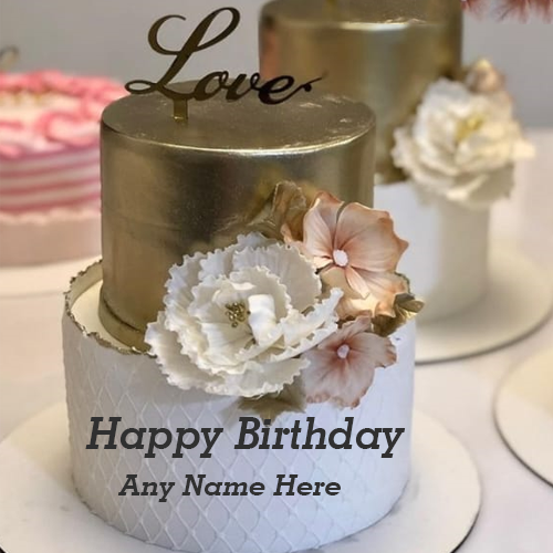 Golden and White Love Cake for Birthday Wishes with Name Edit