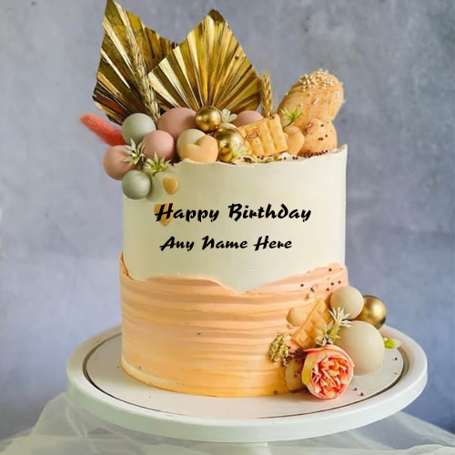 Elegant Gold And Peach Birthday Cake With Name Personalization