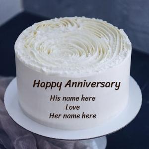 Beautiful White Rose Anniversary Cake with Couple's Name