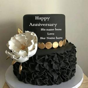 Black and White Rose Anniversary Cake with Name Customization