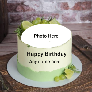 Green Birthday Cake with Name and Photo Customization